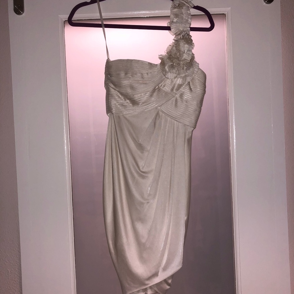 BCBG white one shoulder cocktail dress bride